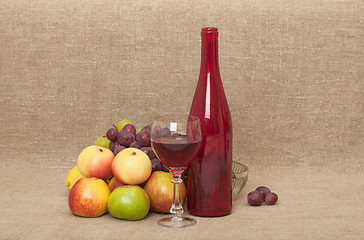 Image showing Still-life on canvas - red glass bottle, glass, apples and grape
