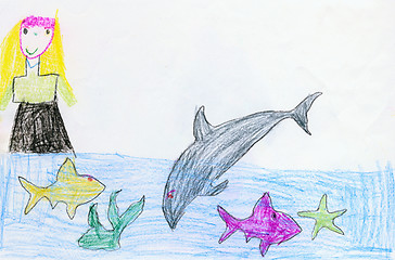 Image showing Drawing made child - Girl, fishes and dolphin