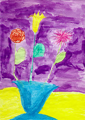 Image showing Drawing made child - Flowers in vase on violet background
