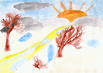 Image showing Trees and the sun drawn by children hand on paper