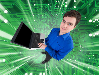 Image showing People with laptop on electronic green background
