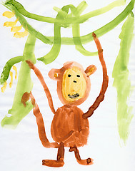 Image showing Drawing made child - Monkey and green lianas
