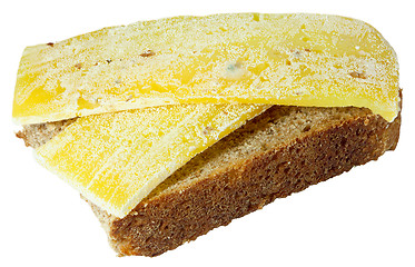 Image showing Spoiled moldy inedible sandwich with cheese on white background