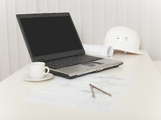 Image showing Laptop, drawings, helmet and compasses on table