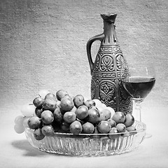 Image showing Still-life from grapes, bottle and glass of wine