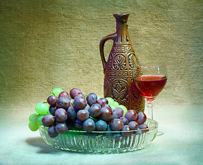 Image showing Still-life from grapes, bottle and glass of wine