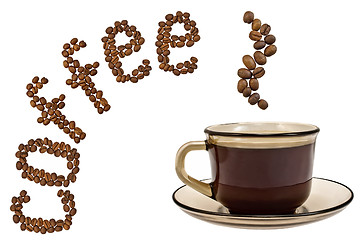 Image showing Brown cup of coffee, steam, and the word of the grains