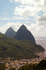 Image showing twin pitons Soufriere St. Lucia Caribbean Sea