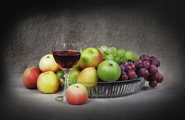 Image showing Classical still-life with fruit and goblet on canvas