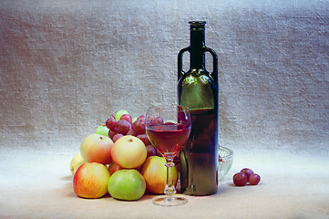 Image showing Still-life with wine and fruits