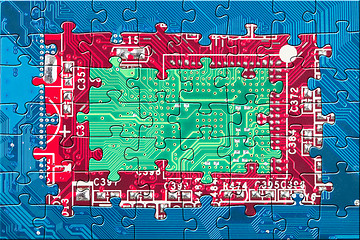 Image showing Electronic circuit puzzle background in blue, red and green colo