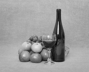 Image showing Still-life - bottle of wine and fruit on canvas