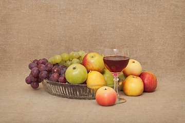 Image showing Classical still-life with fruit and a glass