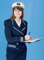 Image showing Woman in sea uniform with tablet