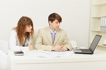 Image showing Pair of young businessmen work at office