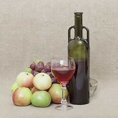 Image showing Still-life from a bottle of wine and fruit