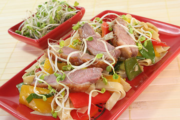 Image showing Duck breast with fried noodles