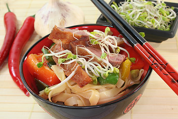 Image showing Duck breast with fried noodles