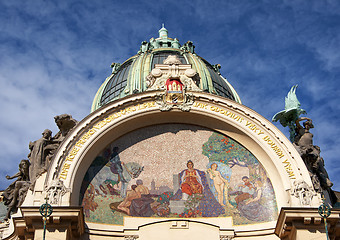 Image showing Fresco and statues on top of the Old Town City hall in Prague.