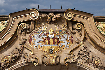 Image showing Prague's Coat of Arms proudly displayed on the facade of a mansion.