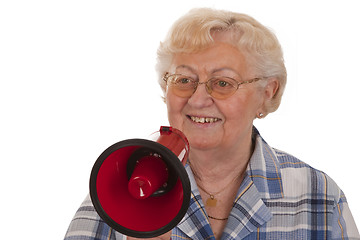 Image showing Female senior with megaphone