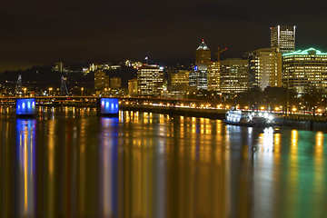 Image showing Portland Downtown City Skyline by Waterfront at Night