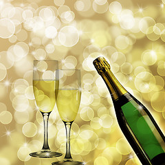 Image showing Champagne Bottle and Two Glasses Bokeh Background