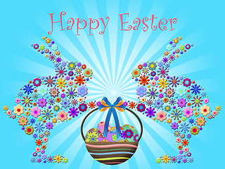 Image showing Happy Easter Bunnies Holding Basket of Floral Eggs