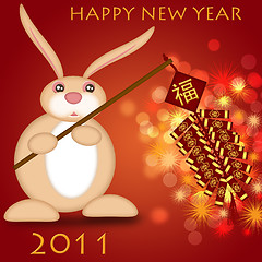 Image showing Happy Chinese New Year 2011 Rabbit Holding Firecrackers