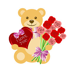 Image showing Teddy Bear with Rose Bouquet and Heart Box