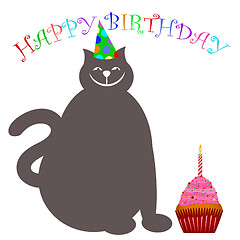 Image showing Happy Birthday Cat with Hat Cupcake and Candle