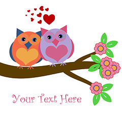 Image showing Owls in Love Sitting on Tree Branch