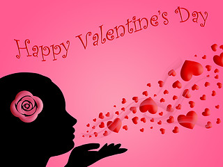 Image showing Happy Valentines Day Woman Blowing Kisses of Hearts