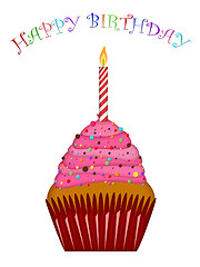 Image showing Happy Birthday Cupcake with Pink Frosting and Candle