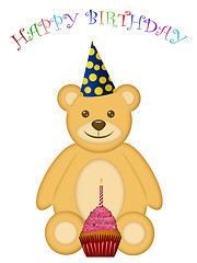 Image showing Birthday Teddy Bear with Party Hat and Cupcake