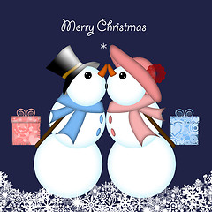 Image showing Christmas Kissing Snowman Couple Giving Gifts