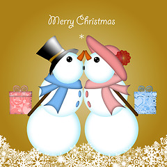 Image showing Christmas Kissing Snowman Couple Giving Gifts