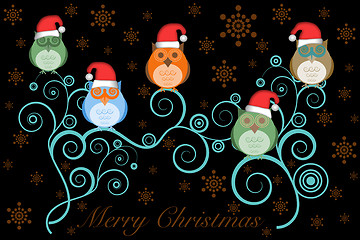 Image showing Christmas Owls with Santa Hat on Tree on Black