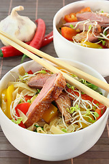 Image showing Duck breast with fried noodles