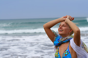 Image showing Young beautiful woman on the beach 