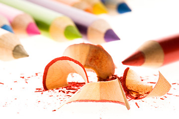 Image showing Sharpened pencils and wood shavings