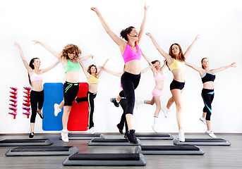 Image showing group of women doing aerobics on stepper