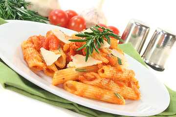 Image showing Penne with tomato sauce and Parmesan