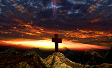 Image showing Sunset and Cross