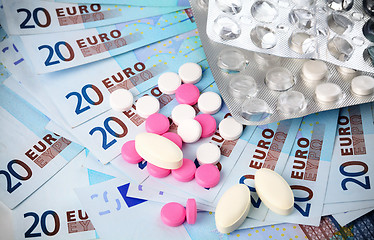 Image showing Few pills over Euro money