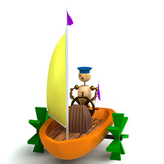 Image showing 3d wood man on toy boat isolated on white