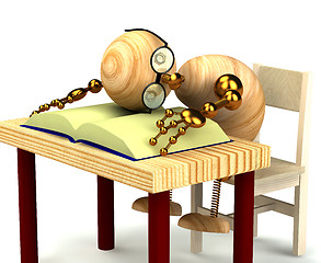 Image showing 3d wood man sleeping on the book isolated on white