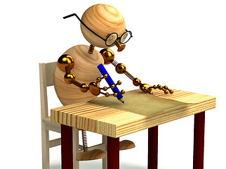 Image showing 3d wood man is writing a letter isolated