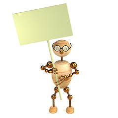 Image showing 3d wood man with a blank board isolated