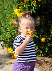 Image showing little girl smelling flower